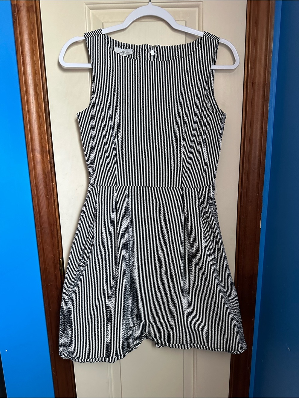 L.L. Bean Signature Black and White Striped Sleeveless Fit & Flare Dress